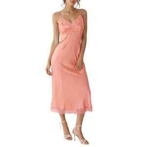 Vintage 90s Whimsy Chic Coquette Dusty Pink Lace Trim 100% Silk Slip Midi Dress